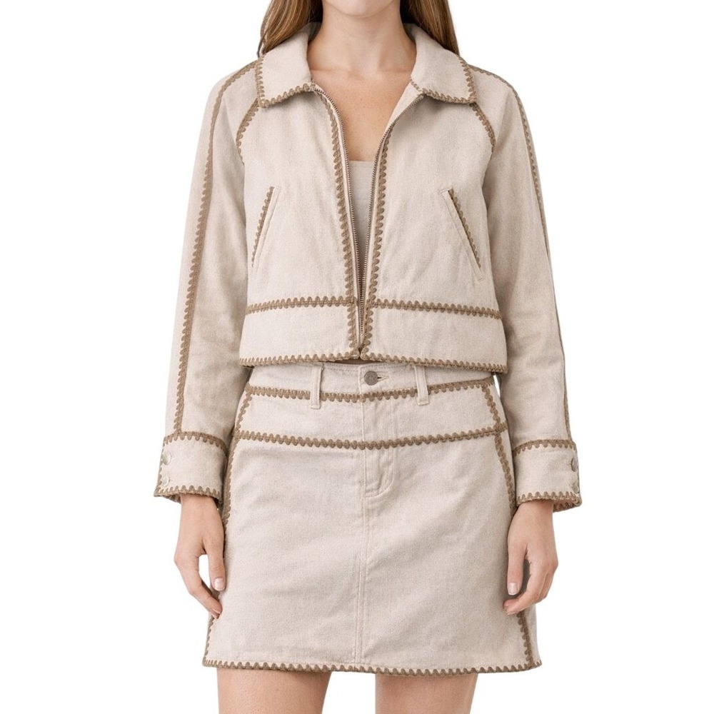 BLANKNYC Whip Stitch Moto Jacket & Mini Skirt Set Cream Coastal Cowgirl M 28